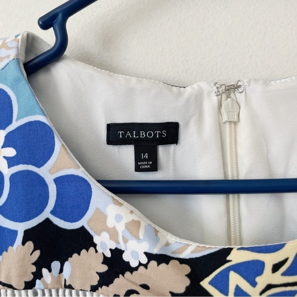 Talbots Botanical Floral Blue Multi Flounce Hem Short Sleeve Sateen Sheath 14 - Picture 7 of 7